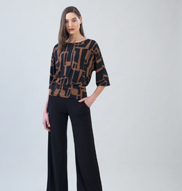 Clara Sun Woo Clara Sun Woo Black/Brown Geo Link Print Banded Hem Elbow Sleeve Top