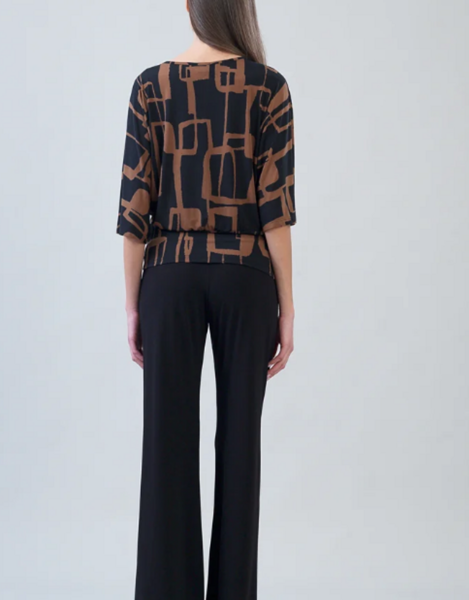Clara Sun Woo Clara Sun Woo Black/Brown Geo Link Print Banded Hem Elbow Sleeve Top