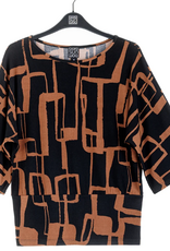 Clara Sun Woo Clara Sun Woo Black/Brown Geo Link Print Banded Hem Elbow Sleeve Top