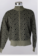 Keren Hart Keren Hart Olive/Black Print Mock Neck Zip up Cardigan Sweater