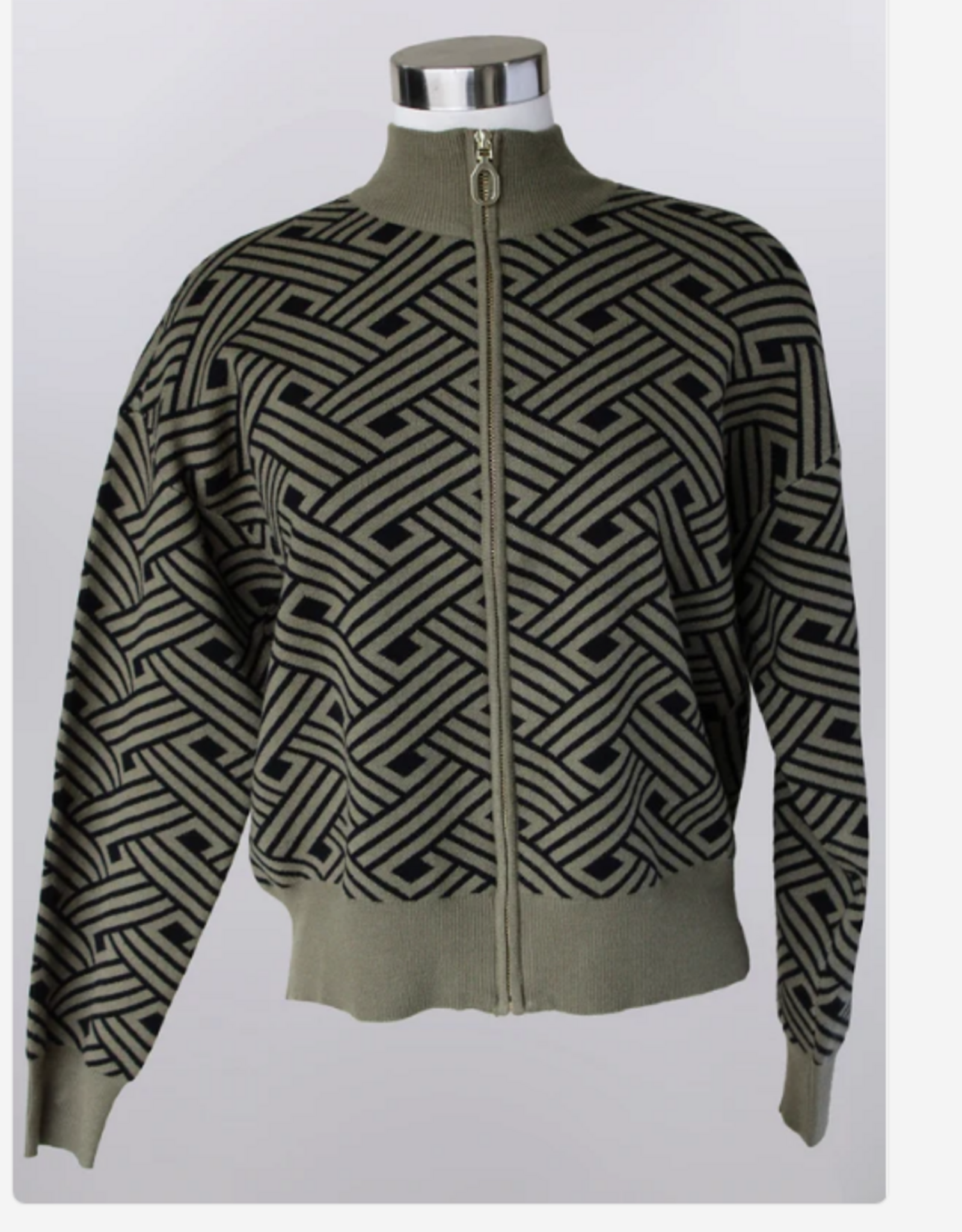 Keren Hart Keren Hart Olive/Black Print Mock Neck Zip up Cardigan Sweater