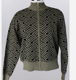 Keren Hart Keren Hart Olive/Black Print Mock Neck Zip up Cardigan Sweater