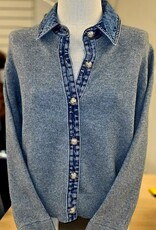Dex Dex Grey/Denim Collar Button Up Long Sleeve Top