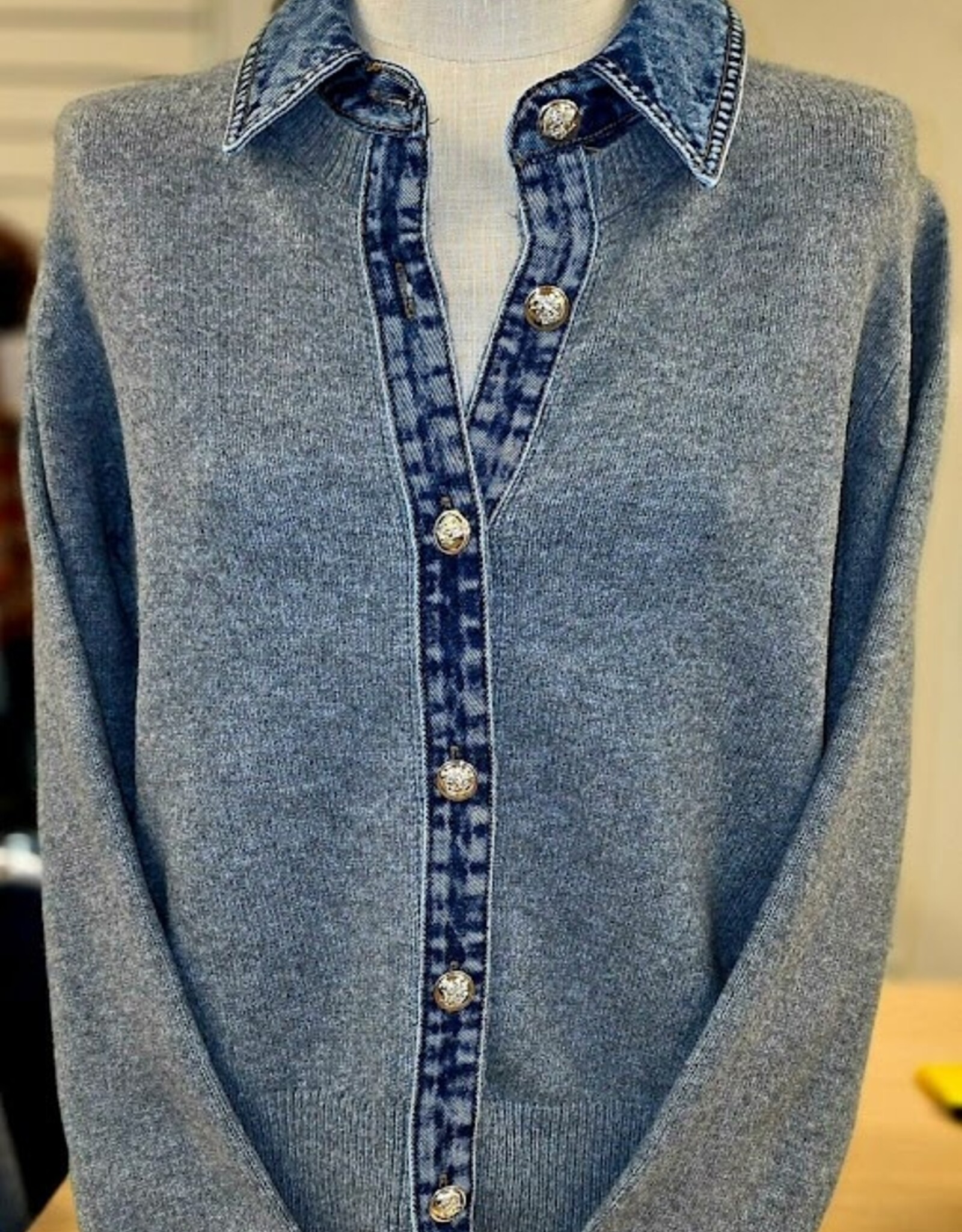 Dex Dex Grey/Denim Collar Button Up Long Sleeve Top