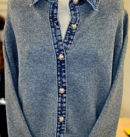 Dex Dex Grey/Denim Collar Button Up Long Sleeve Top