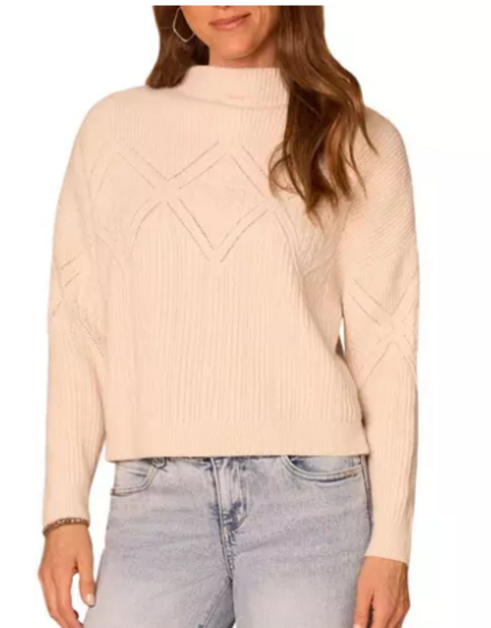 Democracy Democracy Petite Cream Argyle Mock Neck L/S Cable Sweater