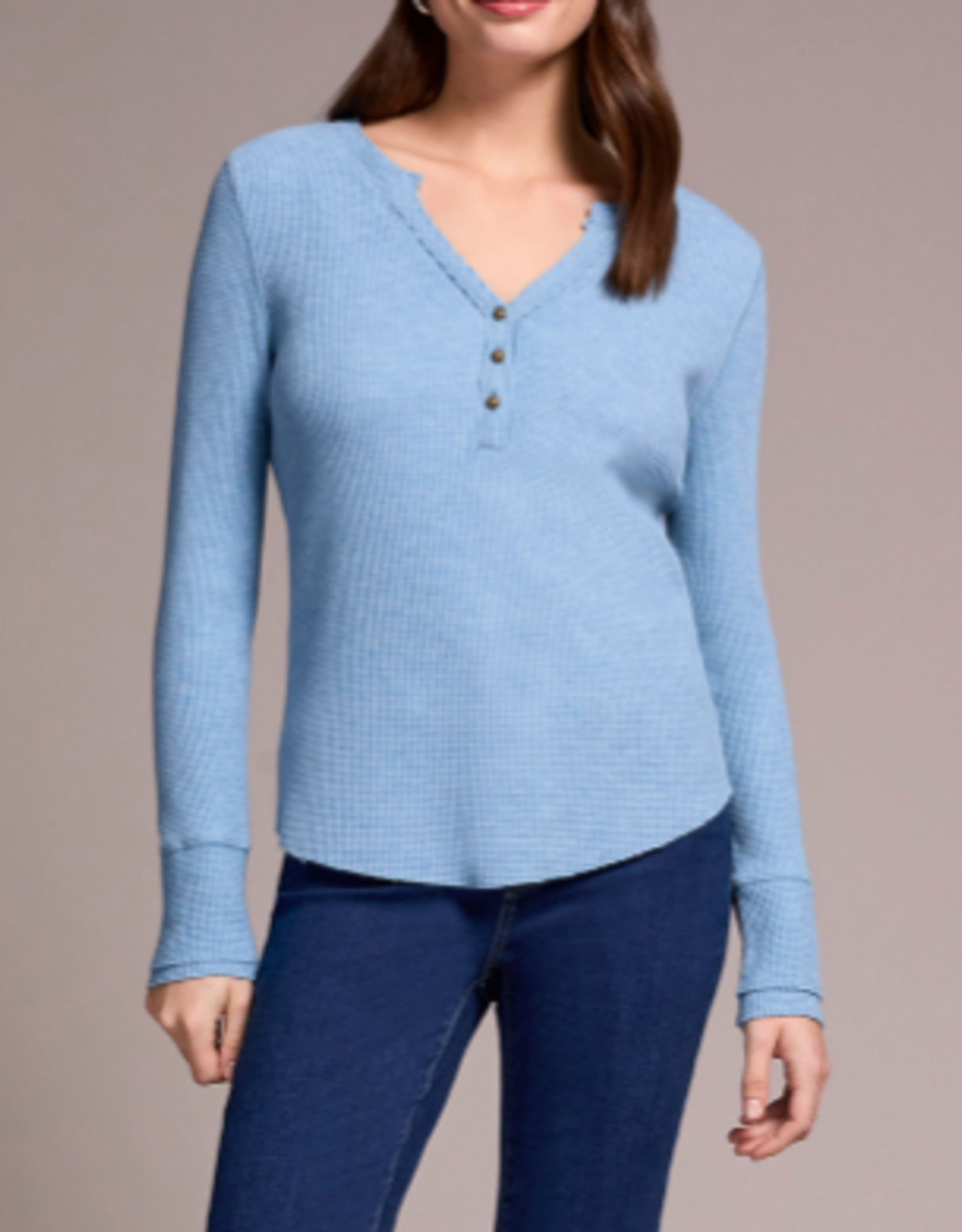 Tribal Tribal H. Denim Waffle Knit V-Neck w/Buttons Long Sleeve Top