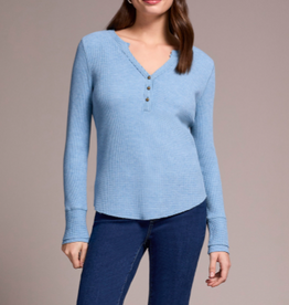 Tribal Tribal H. Denim Waffle Knit V-Neck w/Buttons Long Sleeve Top