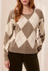 Tribal Tribal Oatmeal/Mocha Diamond Argyle Crew Neck L/S Sweater w/Studs