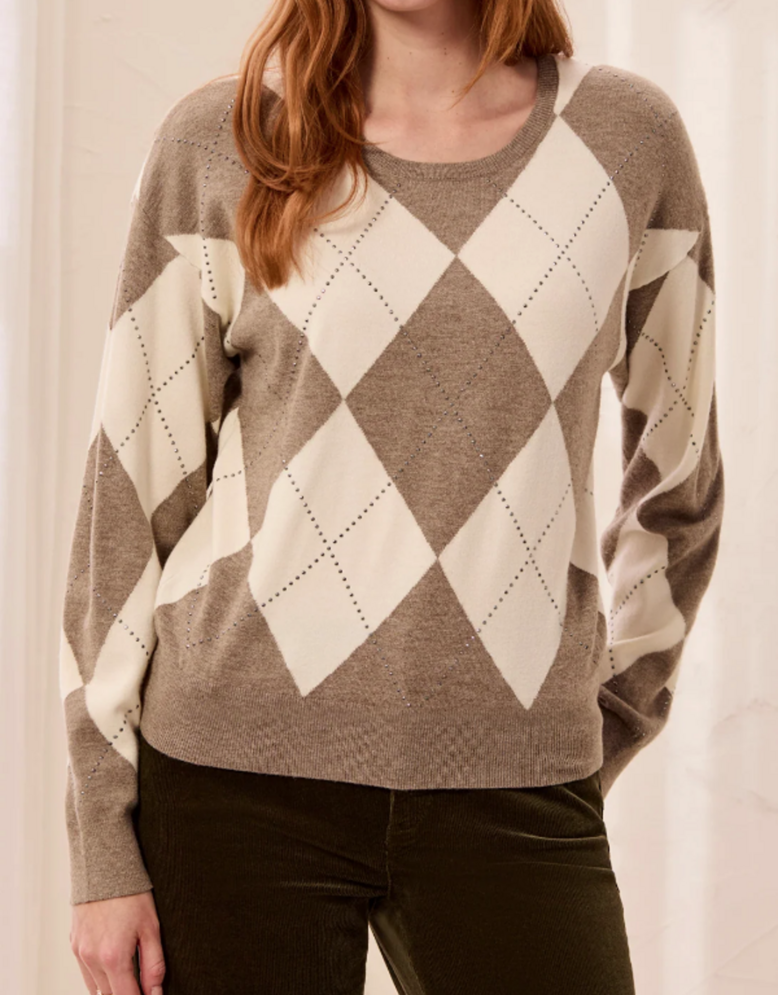 Tribal Tribal Oatmeal/Mocha Diamond Argyle Crew Neck L/S Sweater w/Studs