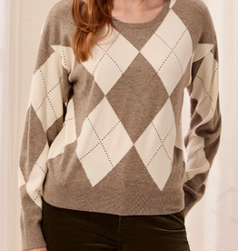 Tribal Tribal Oatmeal/Mocha Diamond Argyle Crew Neck L/S Sweater w/Studs