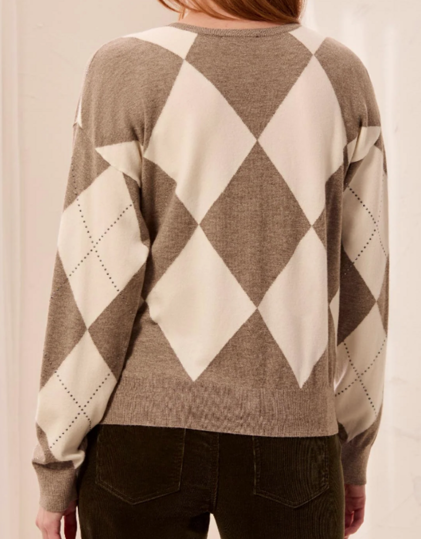Tribal Tribal Oatmeal/Mocha Diamond Argyle Crew Neck L/S Sweater w/Studs