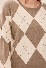 Tribal Tribal Oatmeal/Mocha Diamond Argyle Crew Neck L/S Sweater w/Studs