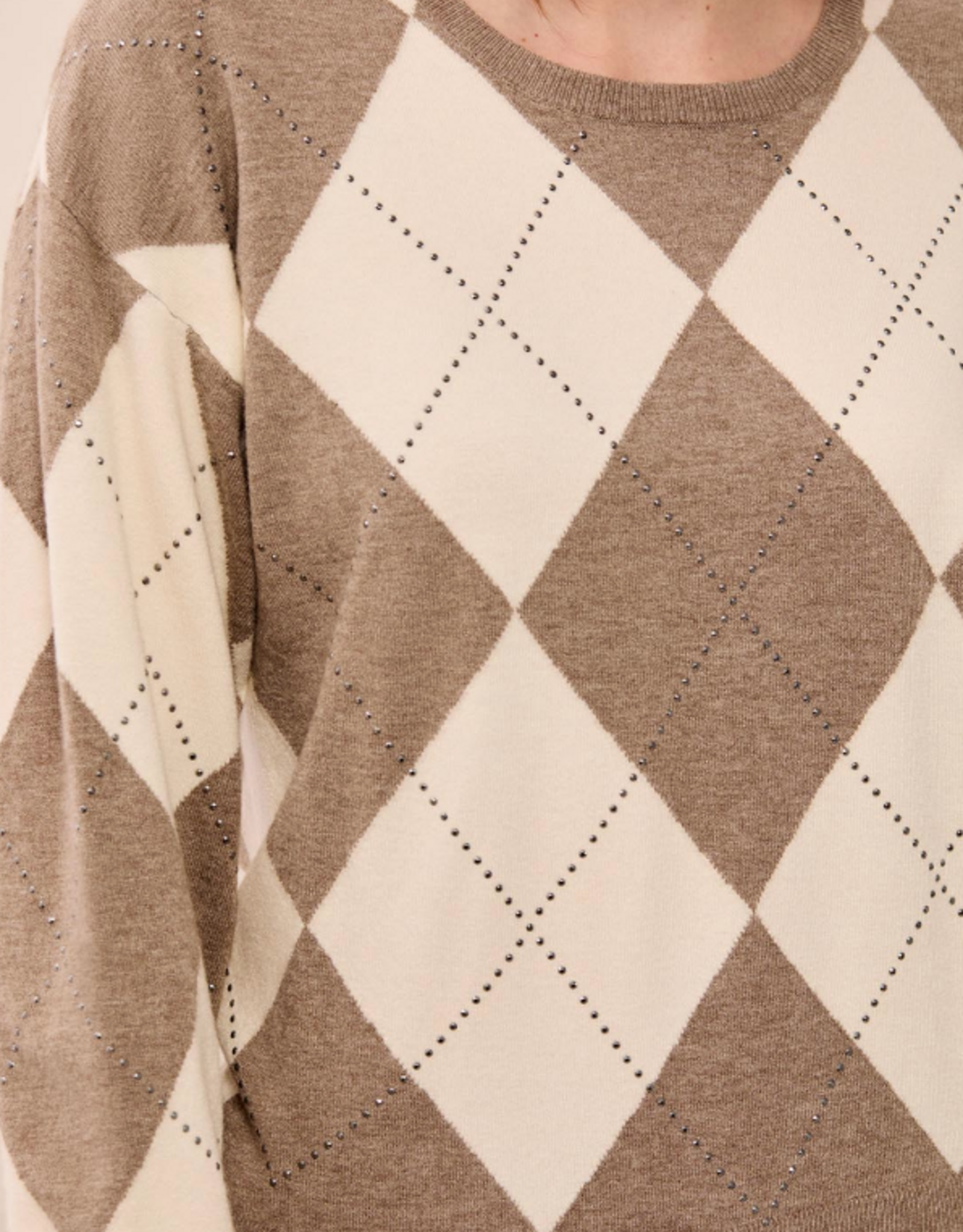 Tribal Tribal Oatmeal/Mocha Diamond Argyle Crew Neck L/S Sweater w/Studs