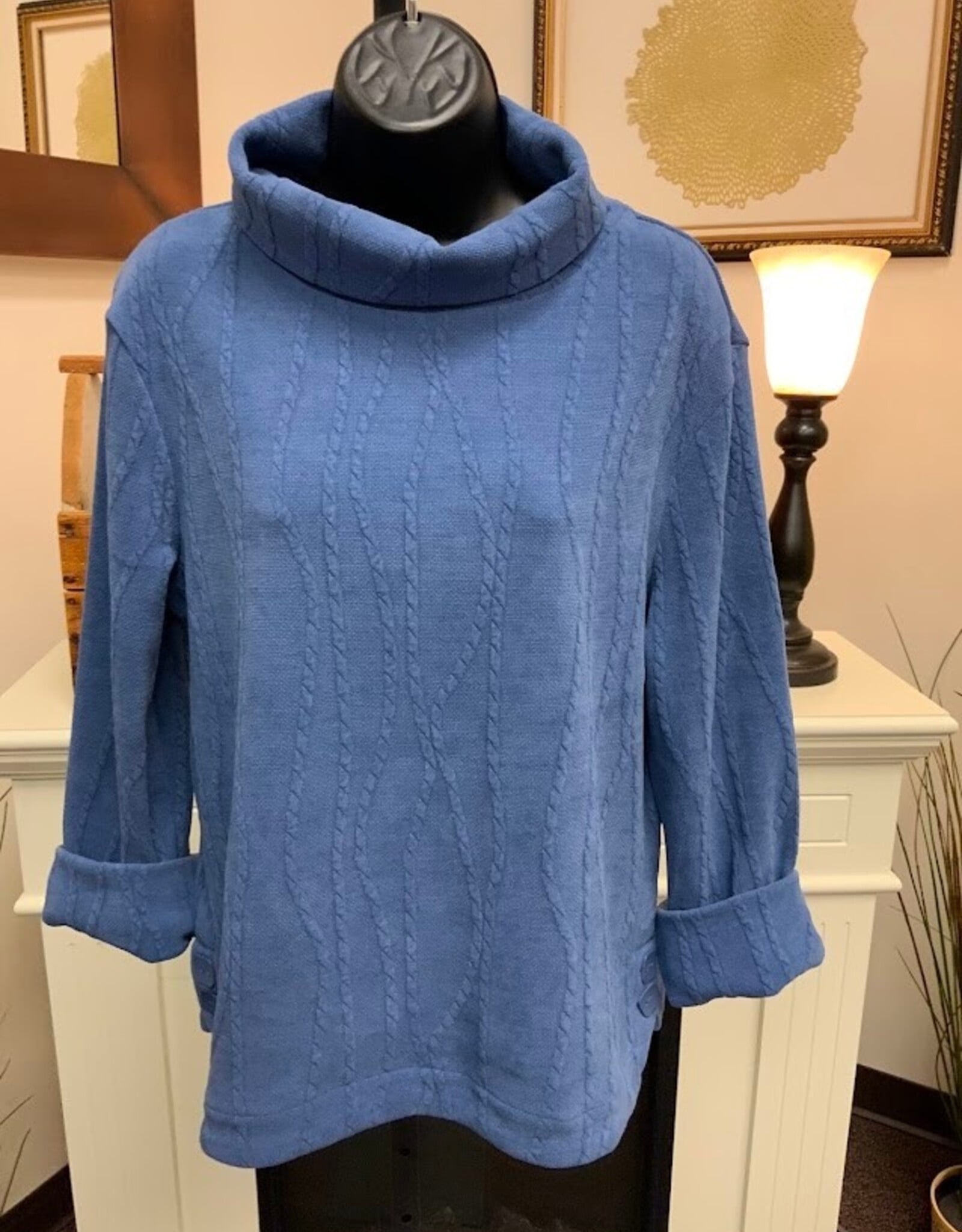 Multiples Multiples Indigo Knit Turn-Up Cuff 3/4 Slv Drop Turtleneck Top