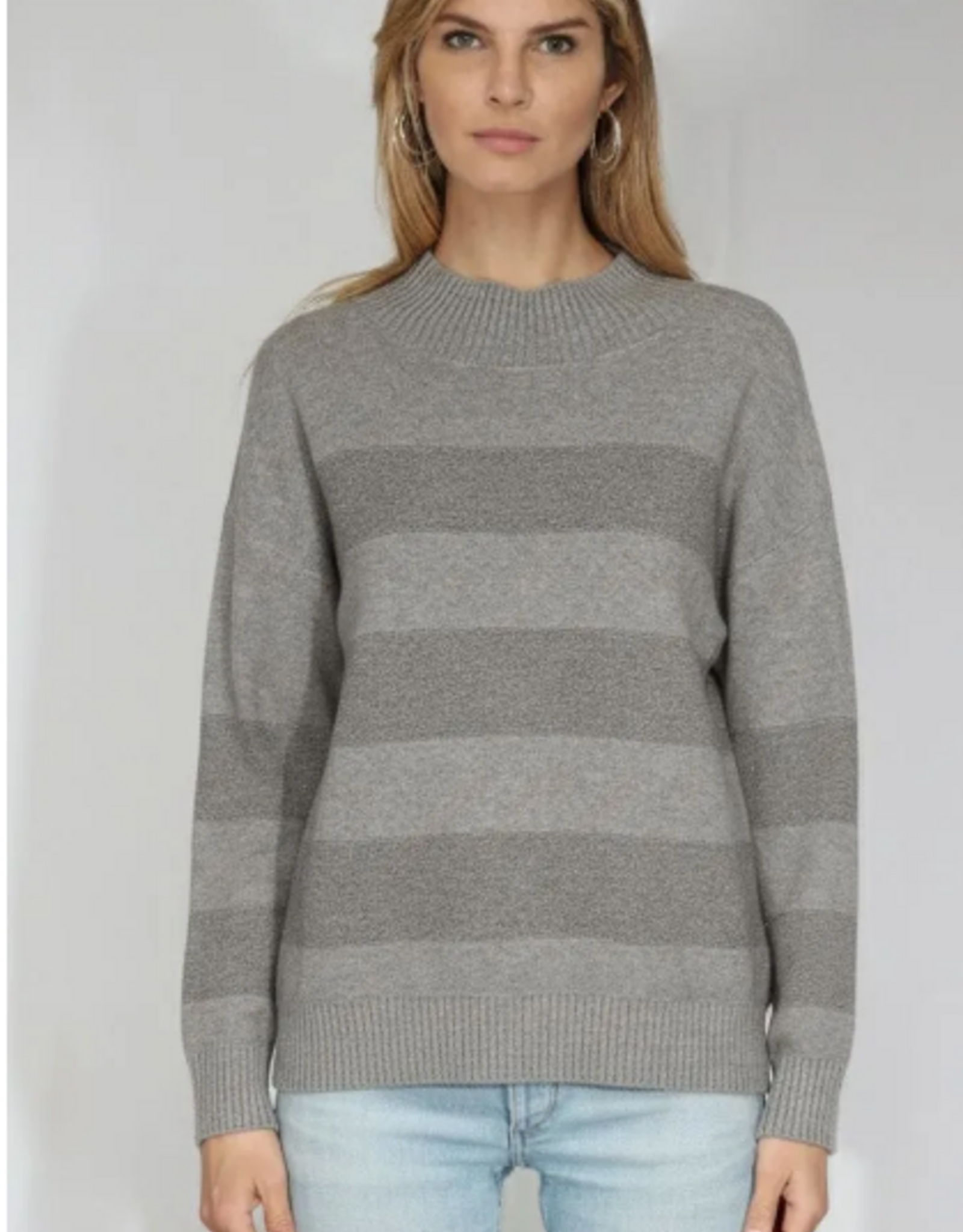 Metric Knits Metric Knits Heather Taupe Tonal Stripe Over Sized Mock Neck L/S Top