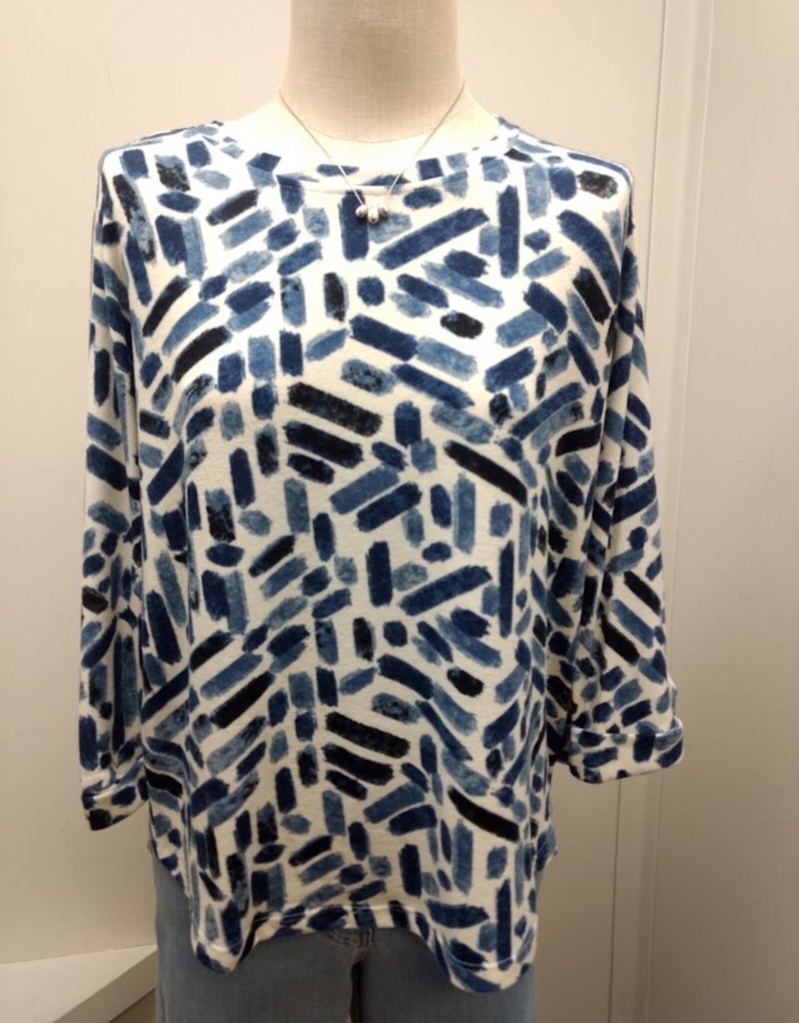 Multiples Multiples M46115TM Indigo Print Long Rolled/Button Sleeve w/Button Back Top