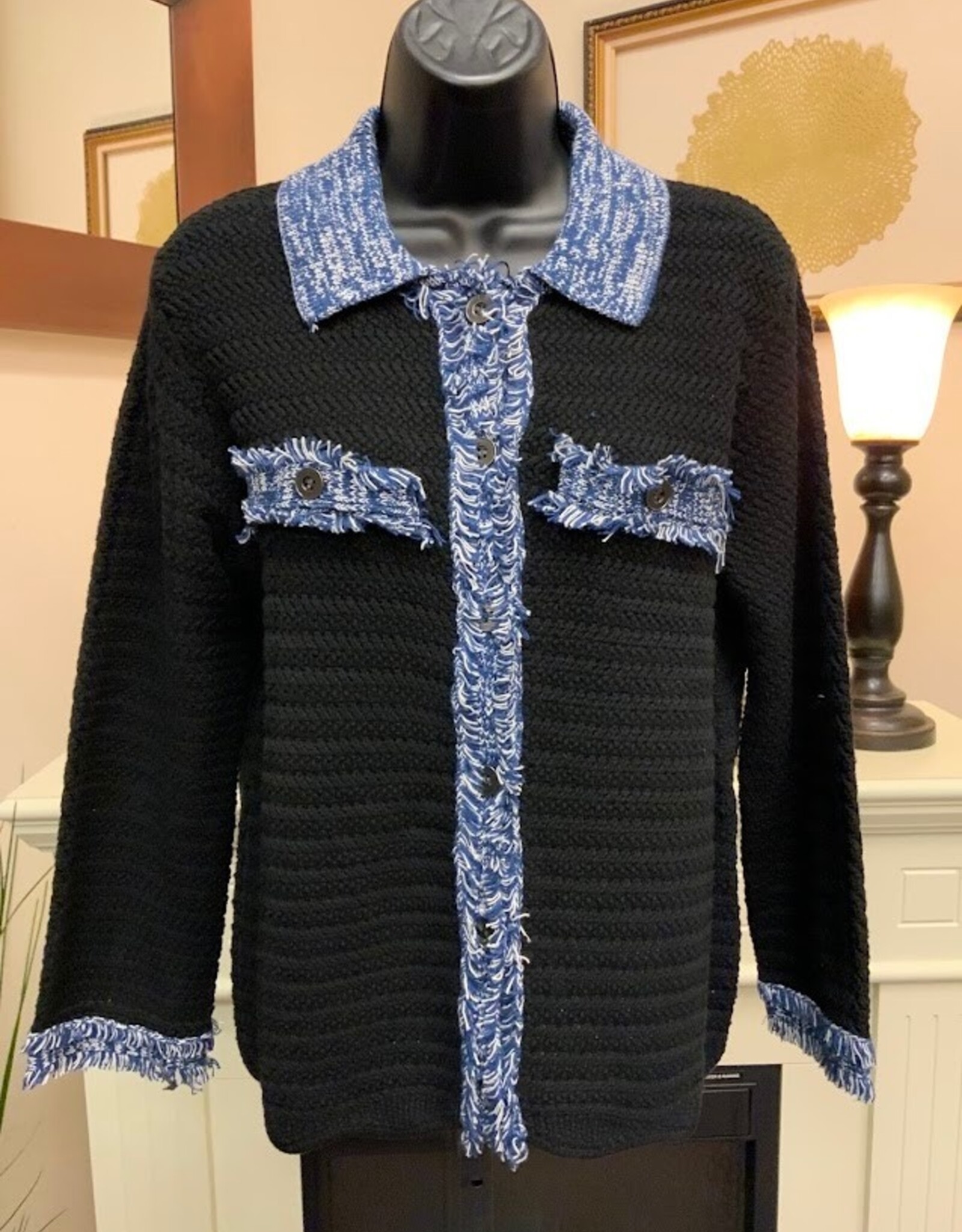 Multiples Multiples Black Knit w/Blue Fringe Detail Button Front Sweater/Jacket