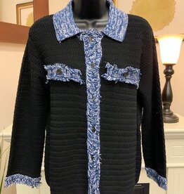 Multiples Multiples Black Knit w/Blue Fringe Detail Button Front Sweater/Jacket