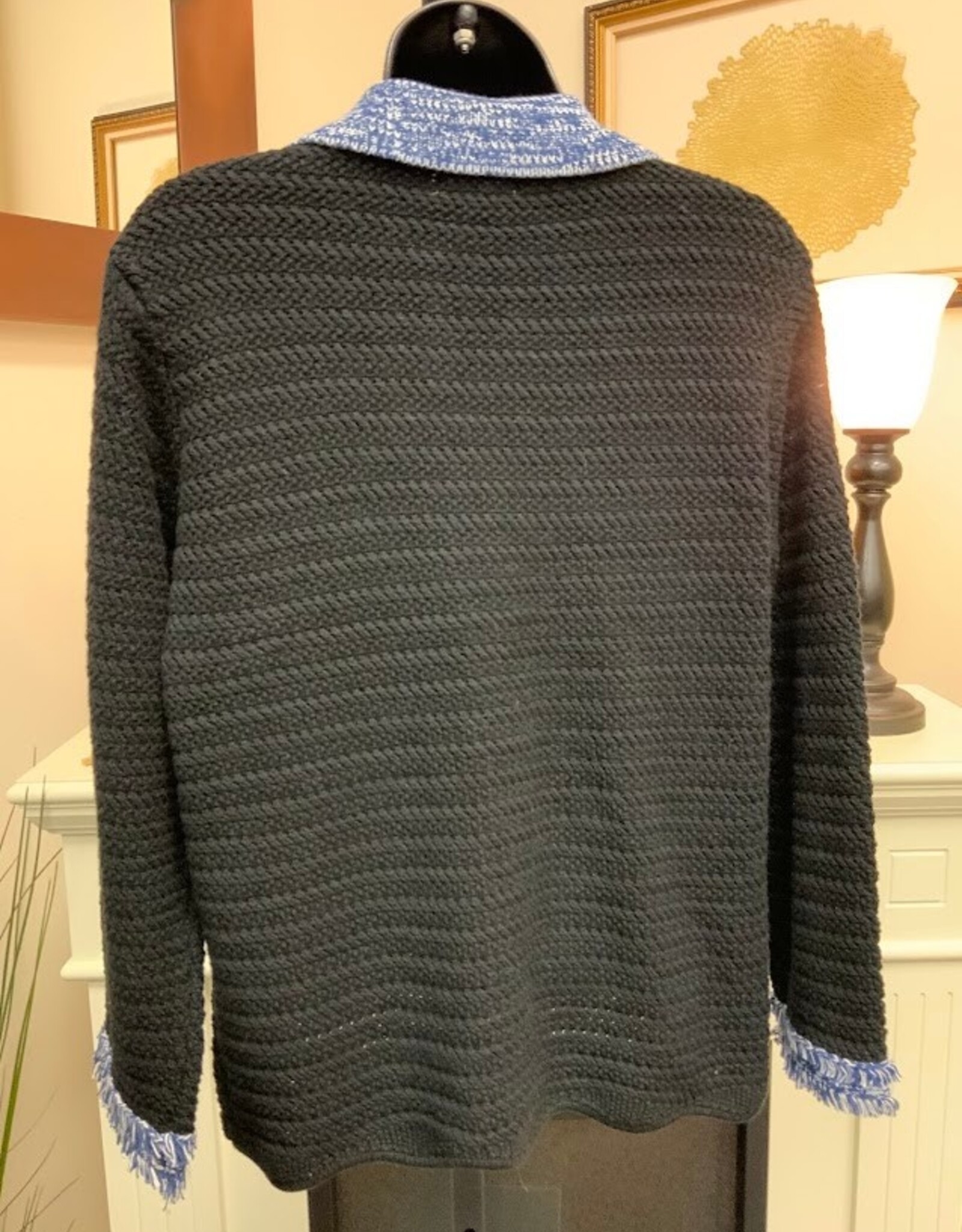 Multiples Multiples Black Knit w/Blue Fringe Detail Button Front Sweater/Jacket