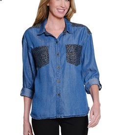 Multiples Multiples Denim Button Up Leopard Detail Roll Tab Sleeve