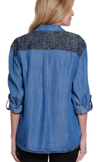 Multiples Multiples Denim Button Up Leopard Detail Roll Tab Sleeve