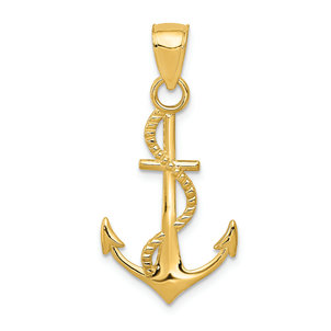 14K Yellow Gold Polished Anchor with Rope