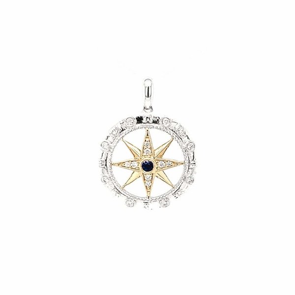 14K Yellow & White Gold Sapphire & Diamond Large Compass Rose Pendant