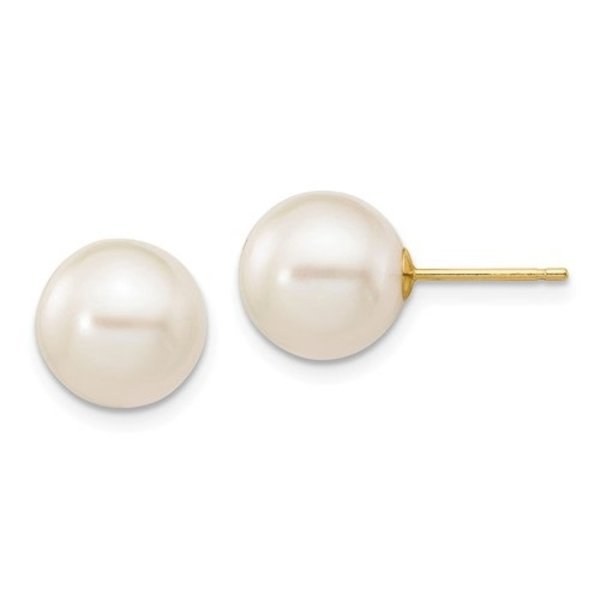 14K Yellow Gold 9-10mm White Fresh Water Pearl Post Earrings