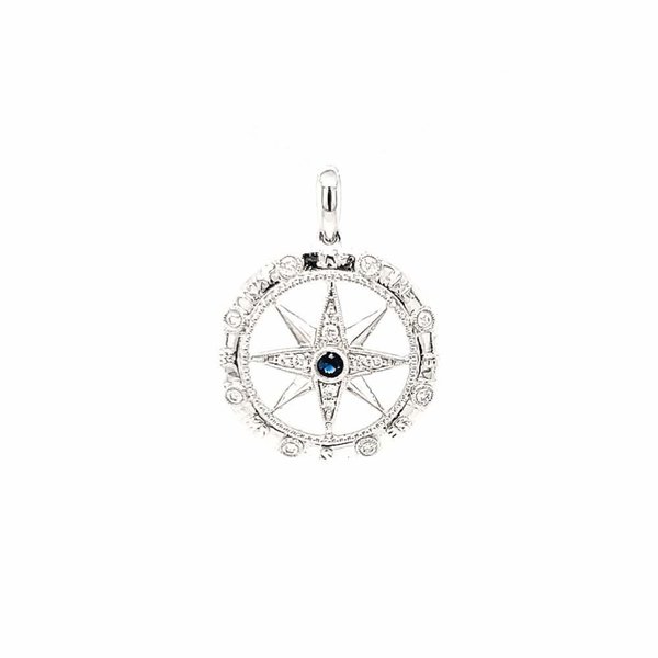14K White Gold Compass .04ct Sapphire & .16ct Diamond Large Pendant