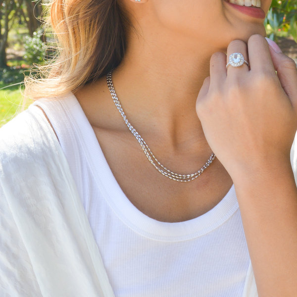 14K White Gold Diamond Cut Charleston Rice Bead Necklace