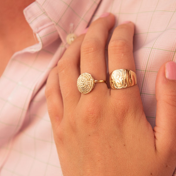 14K Yellow Gold Diamond Cut Sweetgrass Round Ring