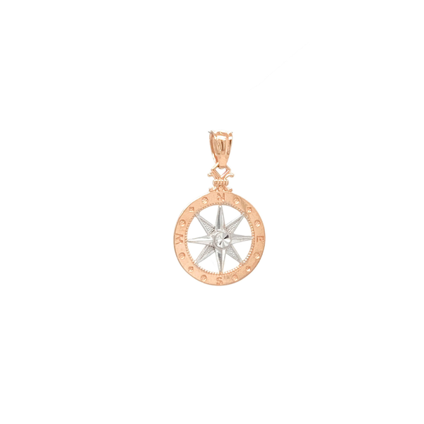 14K Rose & White Gold Diamond Cut Compass Rose Pendant