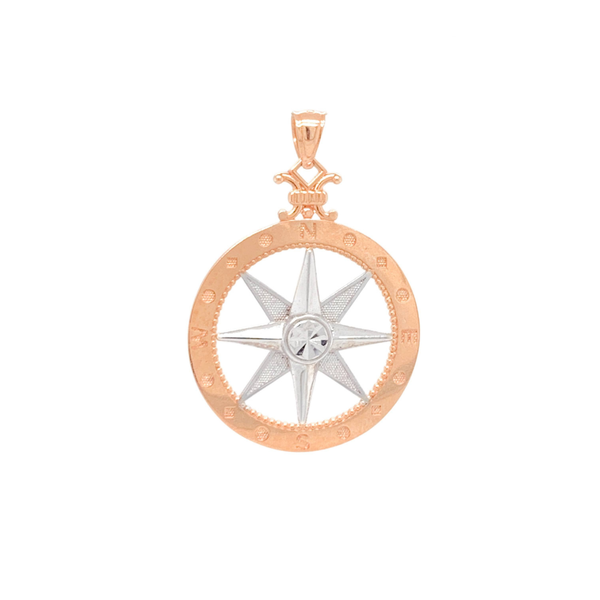 14K Rose & White Gold Diamond Cut Compass Rose Pendant