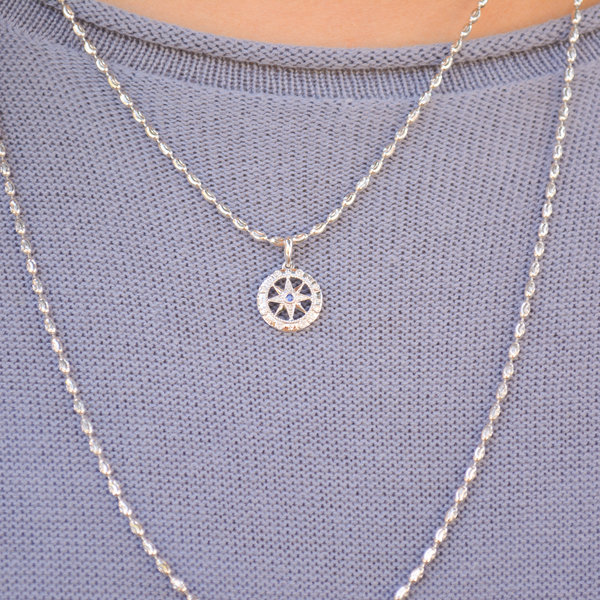 14K White Gold Compass .03ct Sapphire & .03ct Diamond Small Pendant