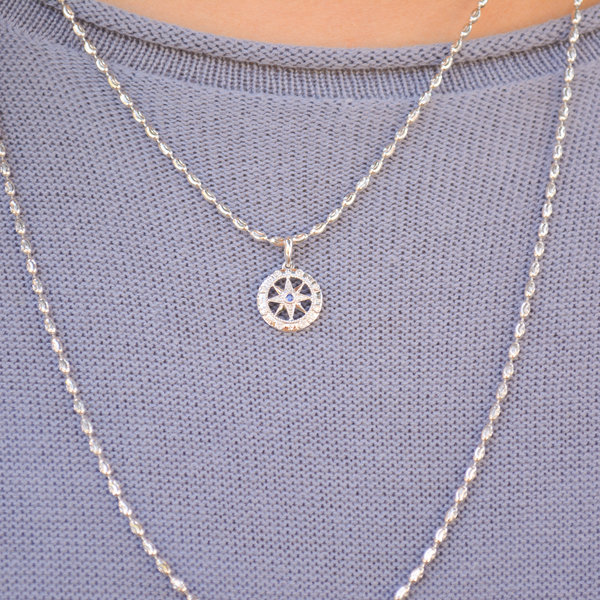 14K White Gold Sapphire & Diamond Compass Rose Small Pendant