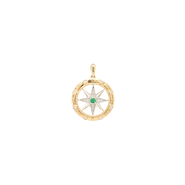 14K Yellow & White Gold Emerald & Diamond Compass Rose Small Pendant