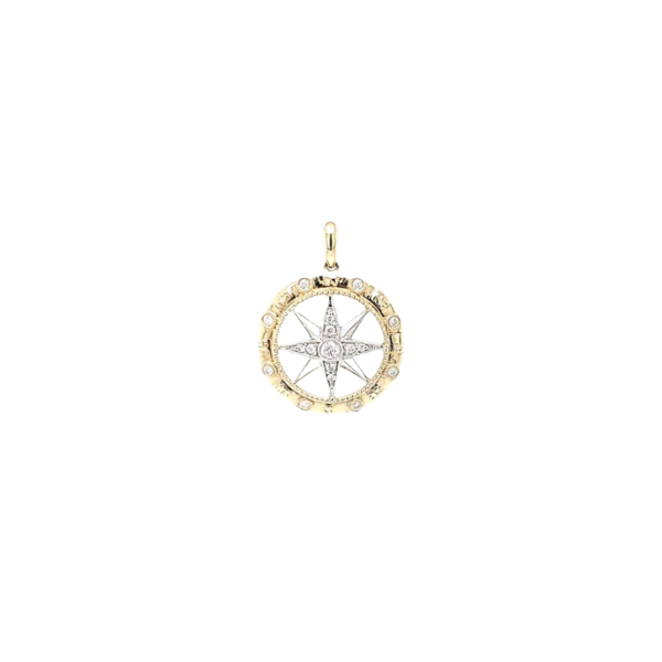 14K Yellow & White Gold Small .04ct Diamond Compass Pendant