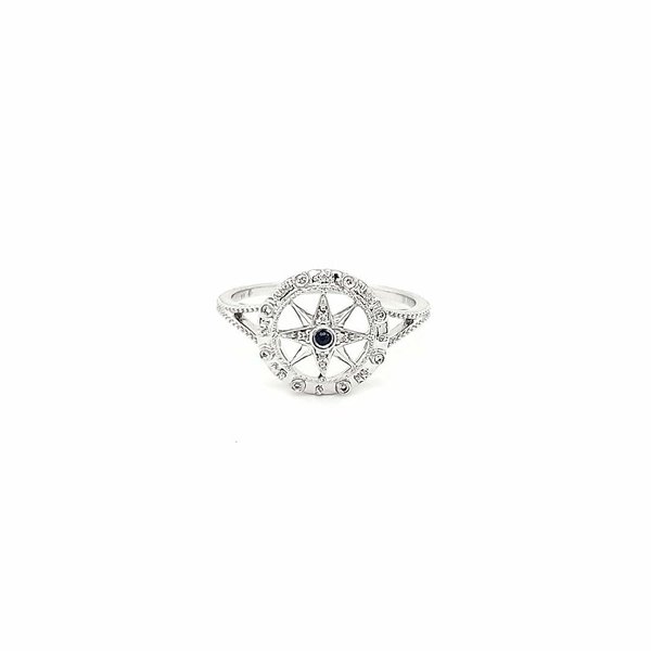 14K White Gold  Sapphire & Diamond Compass Rose Ring Sz 6.5