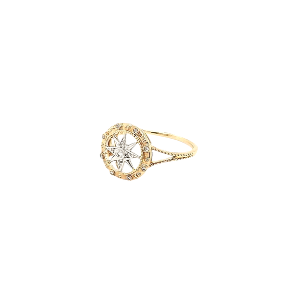 14K Yellow & White Gold Diamond Compass Rose Ring Sz 6.5