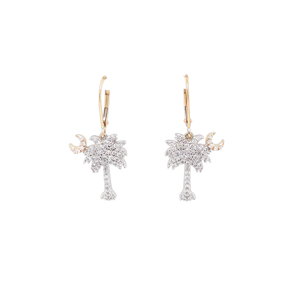 14K Yellow & White Gold GC Diamond Palmetto Dangle Earrings Medium