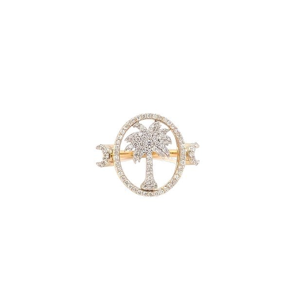 14K Yellow & White Gold Diamond Palmetto with Halo & Moons Ring Sz 7