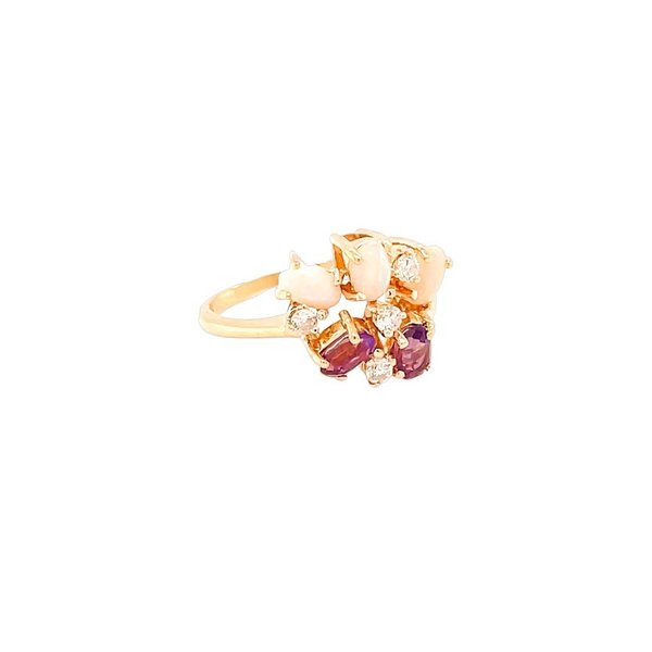 14K Yellow Gold Estate 1970's Opal, Amethyst & Diamond Cluster Ring Size 6.75