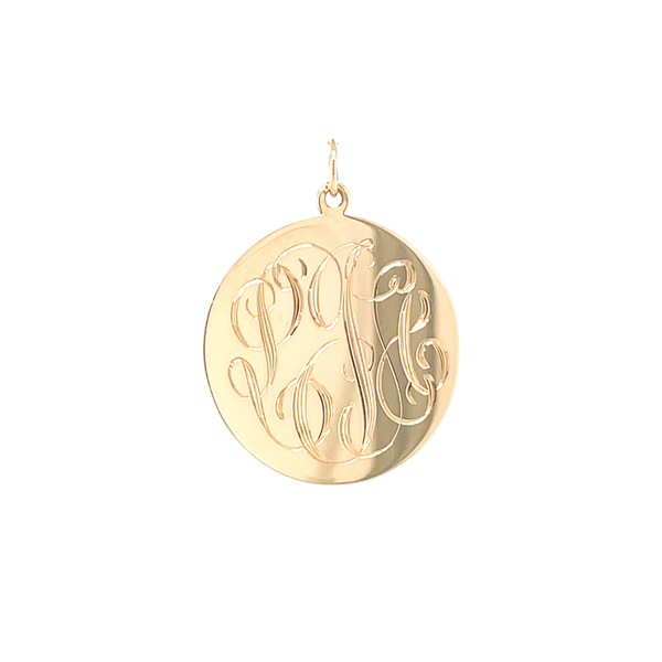 14K Yellow Gold 25mm Monogram 27 Gauge Disc With Hand Engraving