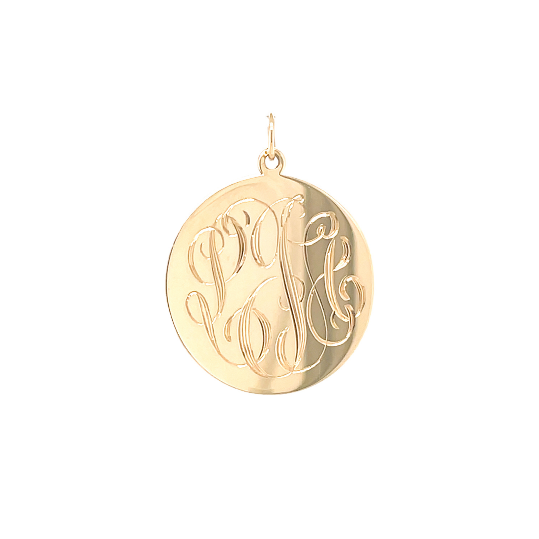 Personalized round locket bracelet with hand engraved monogram initials in  Sterling Silver, yellow Gold or Rose Gold