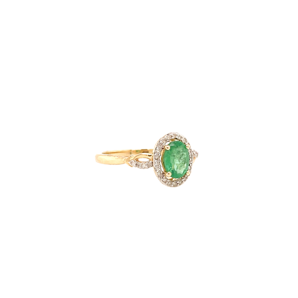 14K Yellow Gold .75 Carats Natural Oval Emerald .13 Carats Diamond Halo Ring Size 7