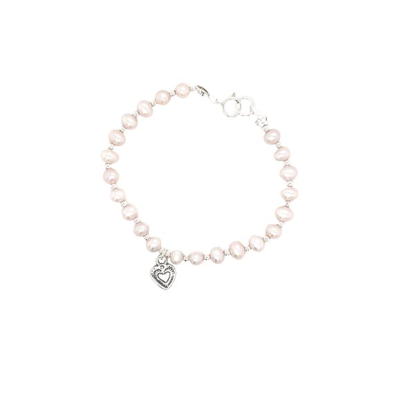 Sterling Silver 4mm Pearl & Silver Bracelet with Heart Charm - 6"