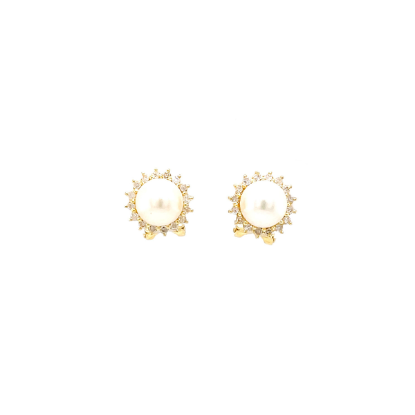 14K Yellow Gold Estate 1950's Pearl & Diamond Post Earrings