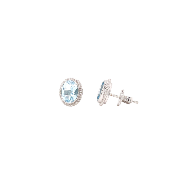 10K White Gold Blue Topaz Rope Edge Stud Earrings