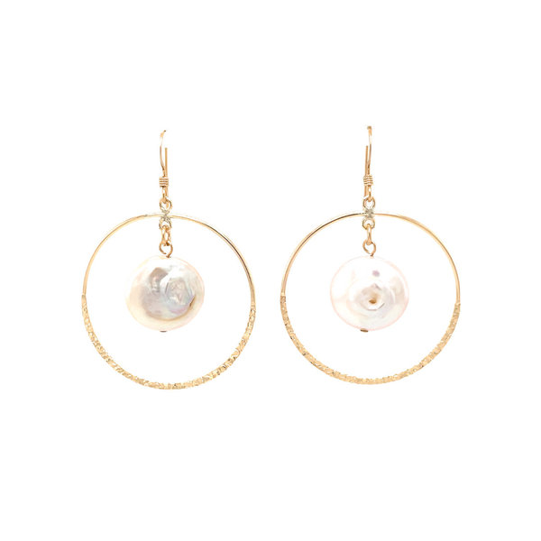 Gold Filled Coin Pearl Textured Circle Dangle Earrings
